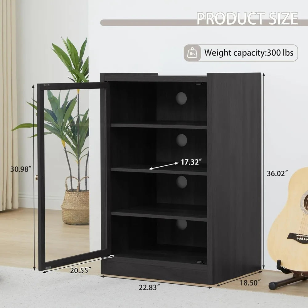 Media Cabinet with Door, Black 5-Tier Stereo Cabinet with Adjustable Shelves, AV Media Storage Shelf with Cable Management, Aud