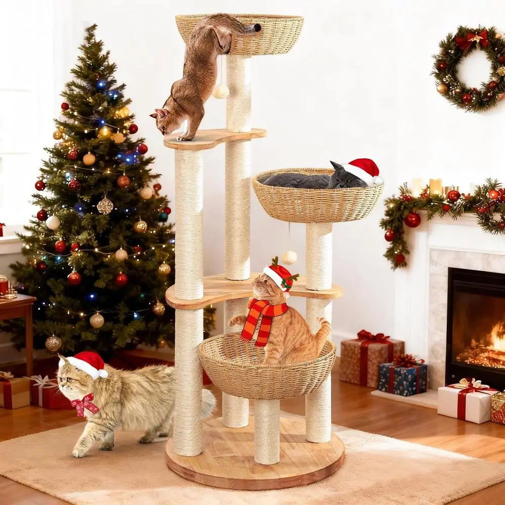 Luxury 54 Indoor Cat Tree Tower, Hand-Woven Oak Scratching Post for Multiple Large Cats, High-End Design Activity Center, Easy t