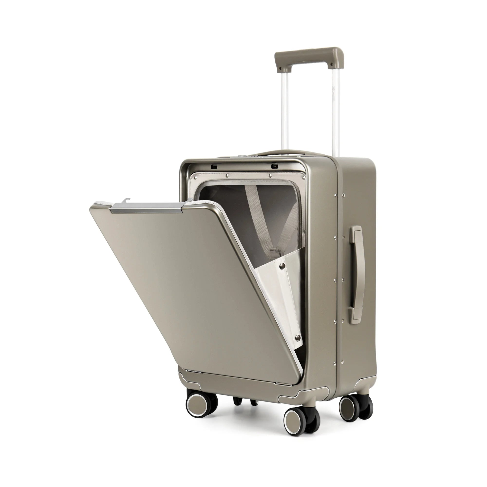 Aluminum Frame Suitcase Front Opening Rolling Travel Luggage Lightweight 20 Inch Carry-On Suitcase with Cup Holder & Side Hooks