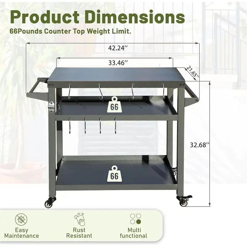 3-Shelf Outdoor Grill Table with Wheels, Portable Grill Cart, Outdoor Pizza Oven Prep Table, BBQ Stand with Propane Tank Hook,