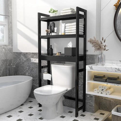 3-Tier Over Toilet Storage Shelf, Bamboo Bathroom Organizer with Hooks, Space-Saving Freestanding Rack for Small Spaces