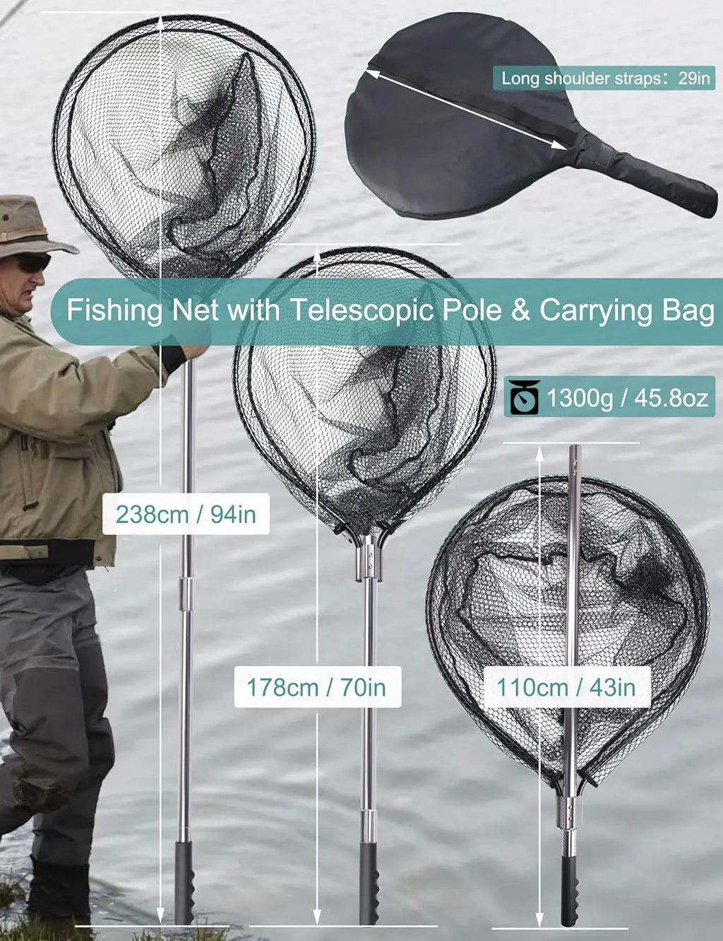 Large Telescoping Fishing Net with Rubber Mesh - Adjustable 70-94 Inch Handle for Kayak & Saltwater Fishing
