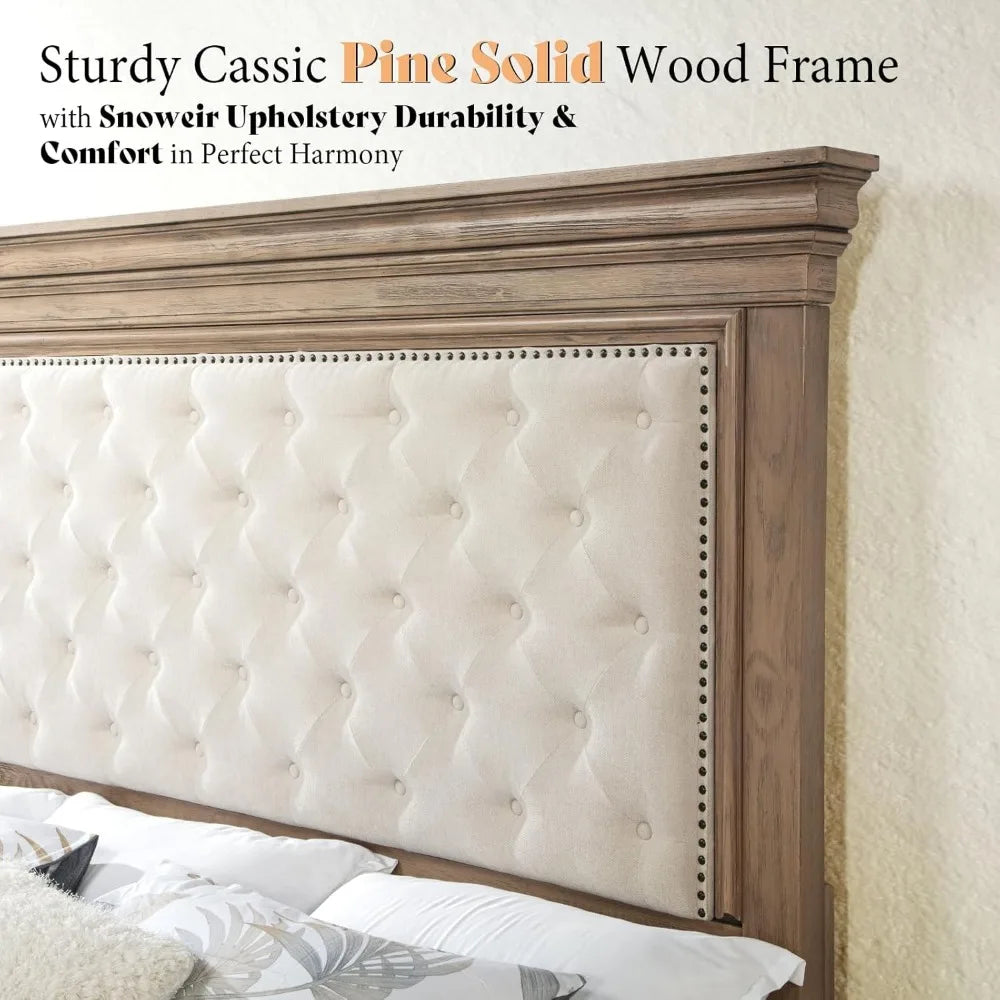 King Size Solid Wood Farmhouse Bed Frame with Upholstered Headboard, Architectural Style, No Box Spring Needed
