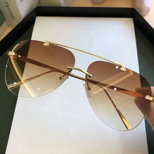 2026 Sunglasses For Men Vintage Rimless Alloy Aviation Pilot Brand Gradient Sun Glasses Female Metal Oval Shades Black Brown
