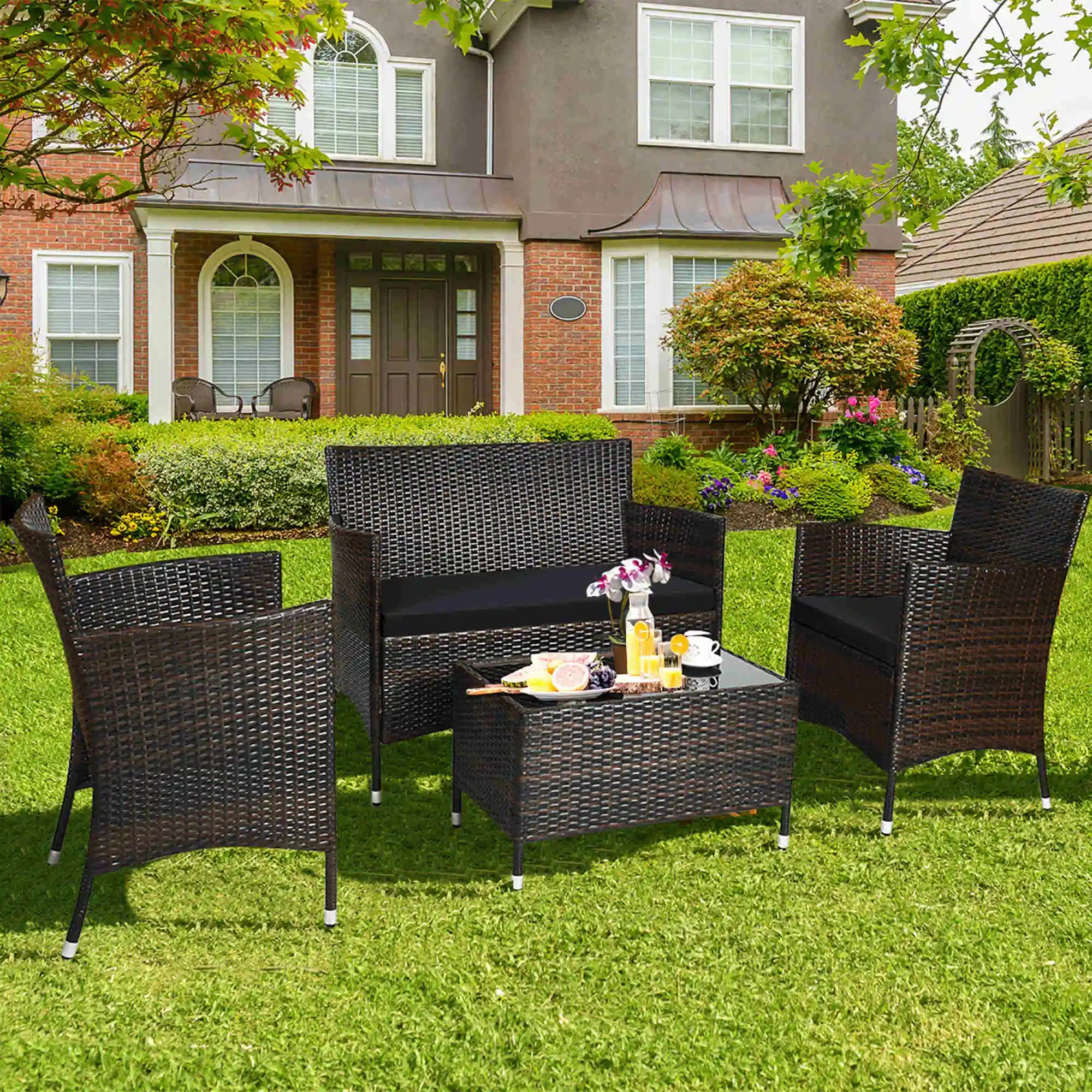 4PCS Rattan Patio Furniture Set Cushioned Sofa Chair Coffee Table Black