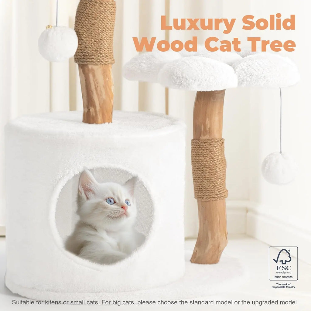 Modern Wood Cat Tree Tower for Small Cats with Scratching Posts and Flower Platforms, Durable Pet Furniture