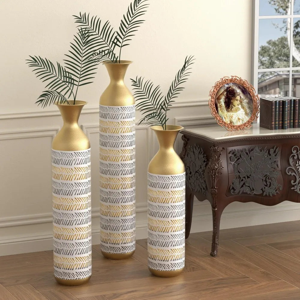 Set of 3 Tall Floor Vases - Large Vintage-Inspired Modern Metal Vases for Living Room Decor, Gold Accents for Hallway and Corner