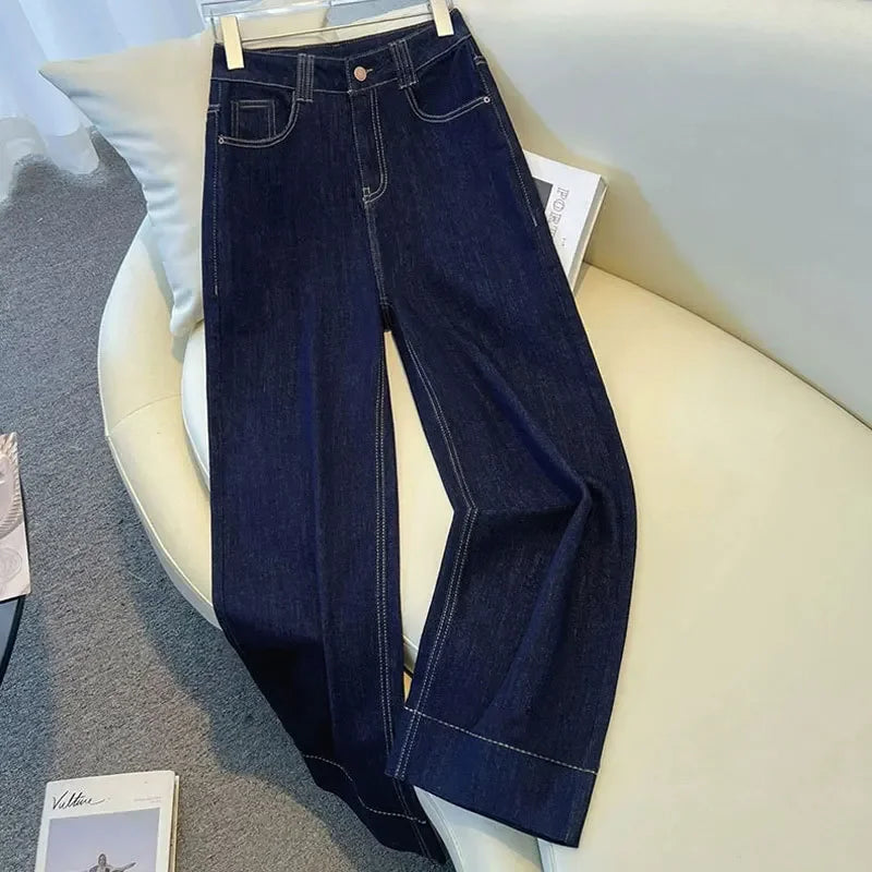 Female Trousers Women Button Zipper Closure Pockets Cozy Lady Pants Stylish Navy Blue Denim High Waisted Wide Leg Casual Jeans