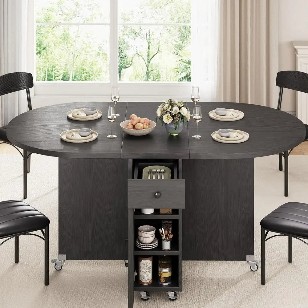 Space-Saving Foldable Dining Table for 4 with Storage Drawer and Shelf, Drop Leaf Design for Small Kitchen Spaces