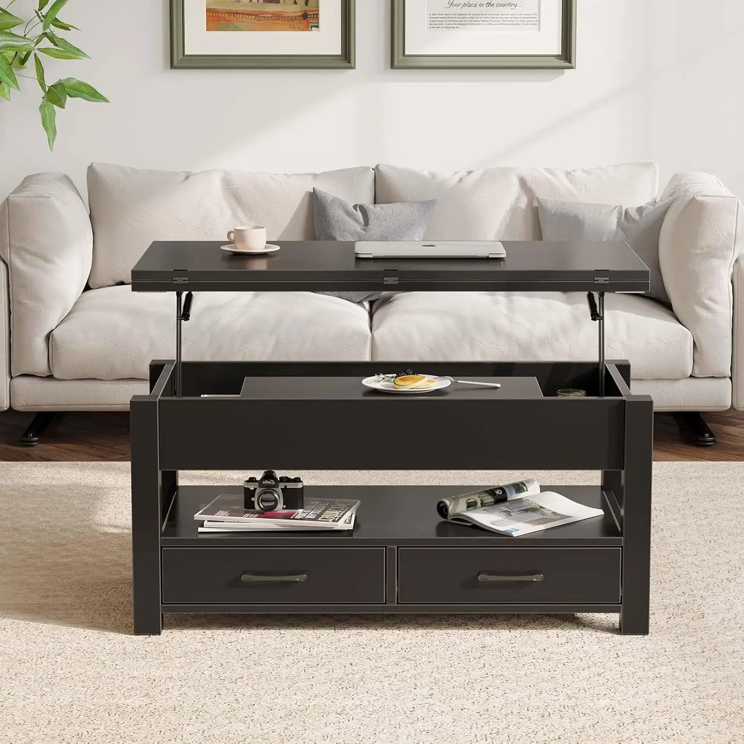 Convertible Lift-Top Coffee Table with Drawers, Hidden Storage, Multi-Function for Living Room and Dining