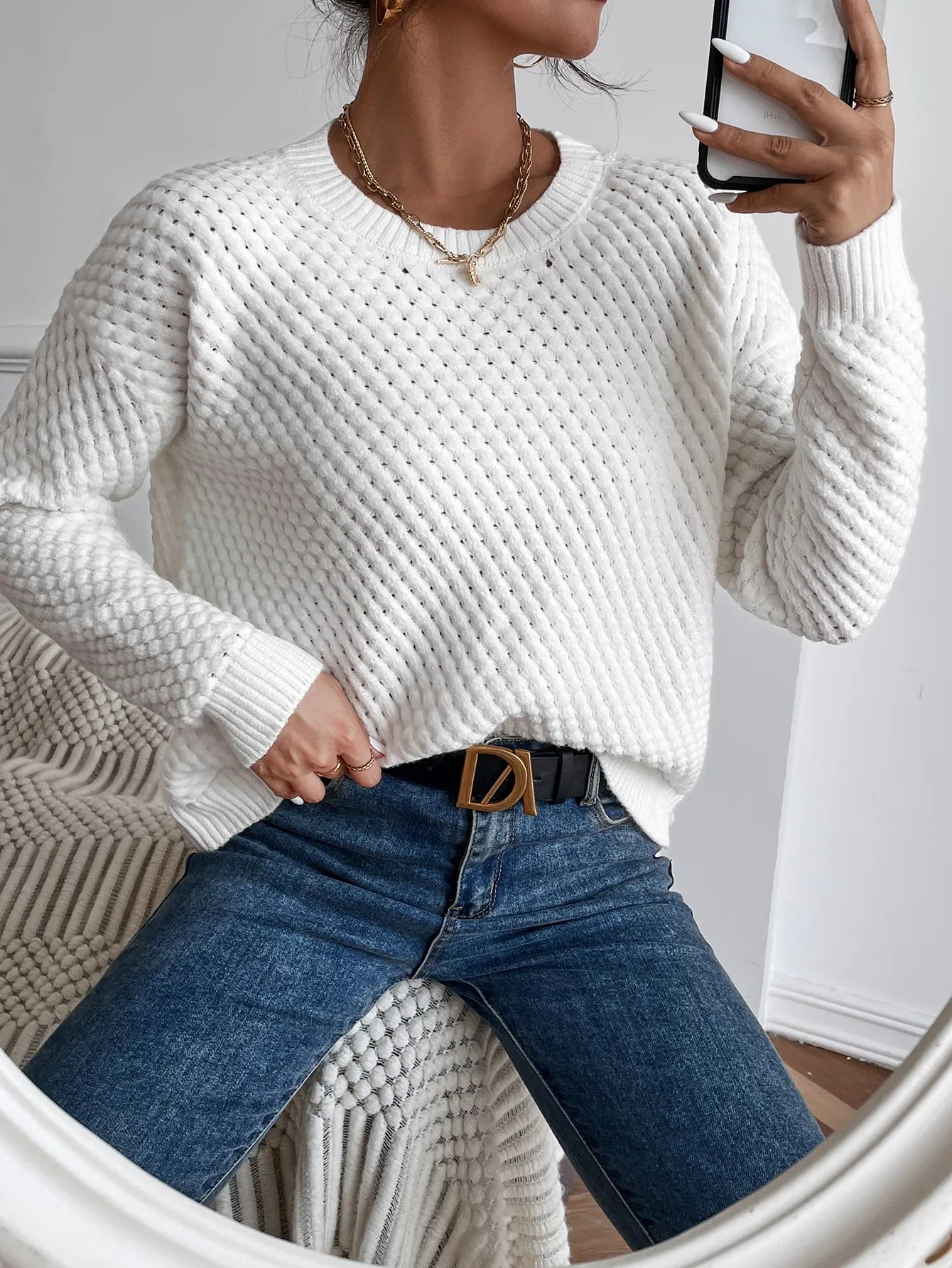 White Chunky Knit Drop Shoulder Sweater, Long Sleeve Pullover for Fall Winter Casual Outfit
