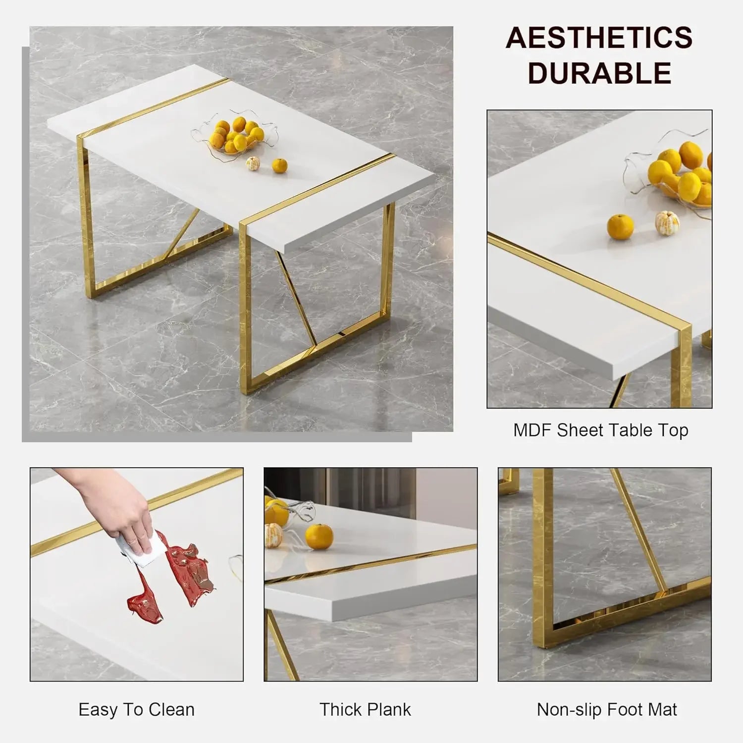 Dining Table Set for 6, Kitchen Table Chairs Set of 6, 55" White High-Gloss Lacquered Tabletop & Electroplated Metal Frame