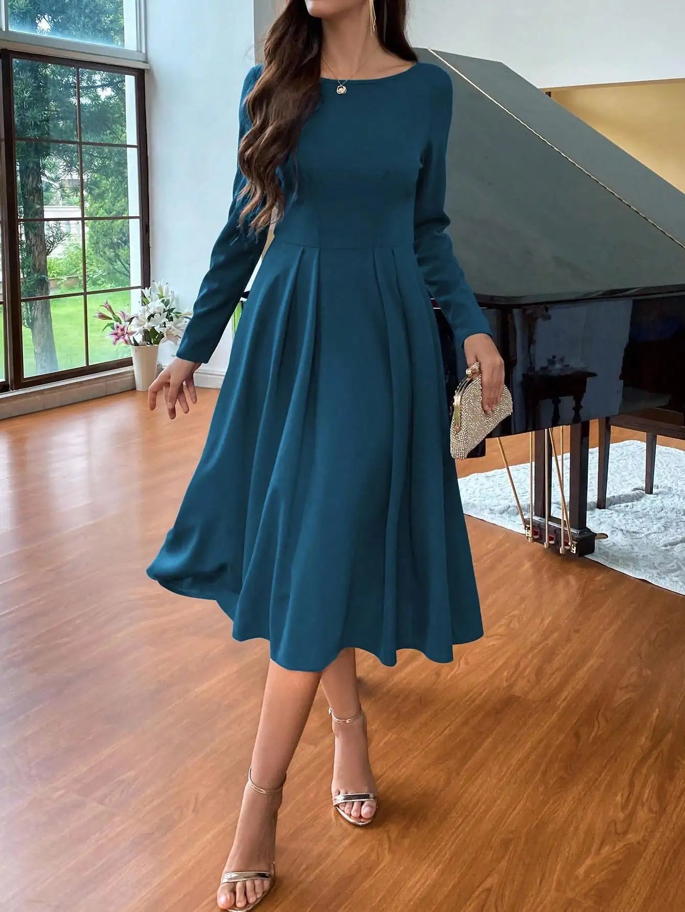 Wine Red Long Sleeve Round Neck Waist Seam A-Line Simple & Elegant Women Dress For Christmas