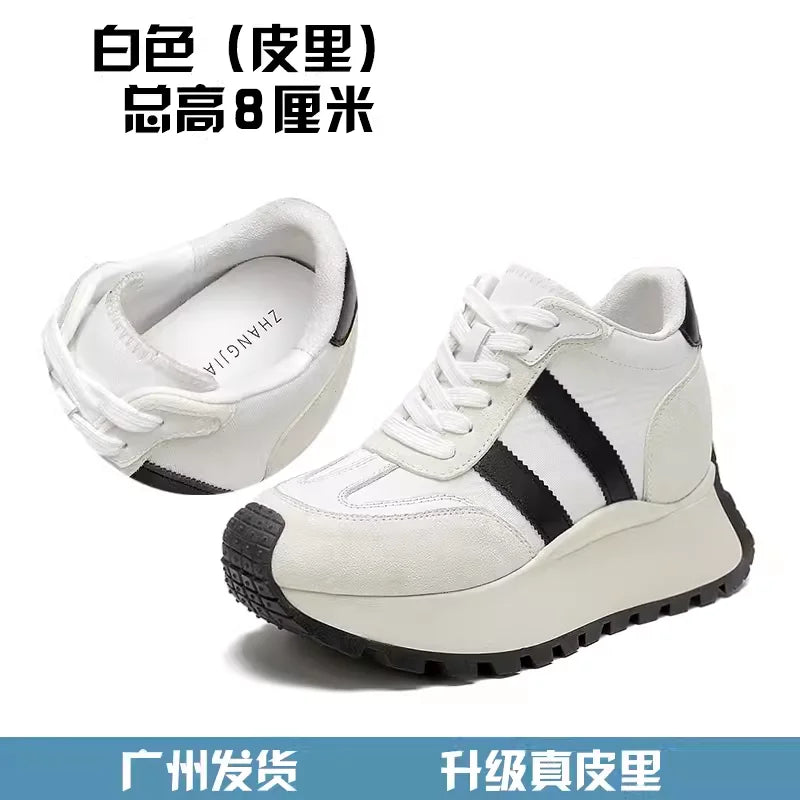 12cm Platform Shoes Women Height Increasing Sneaker Genuine Leather Sports Shoes 10cm Elevator Shoes Female German Army Trainer