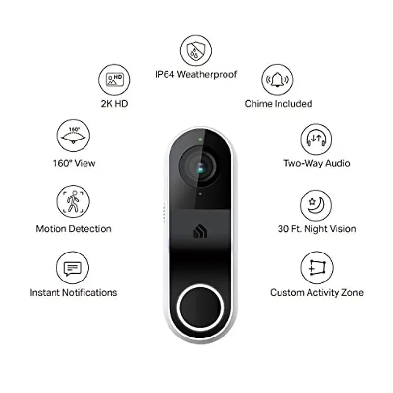 Hardwired Smart Video Doorbell 2K, Night Vision & 2-Way Audio Cloud Storage