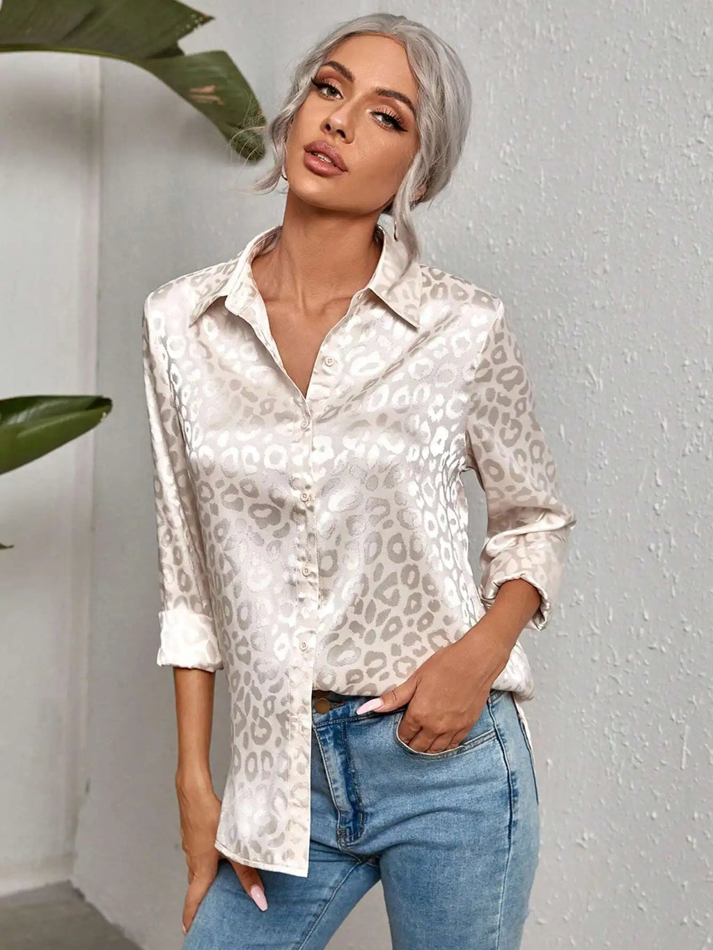 Leopard Jacquard Satin Button Down Shirt for Women, Long Sleeve Elegant Top
