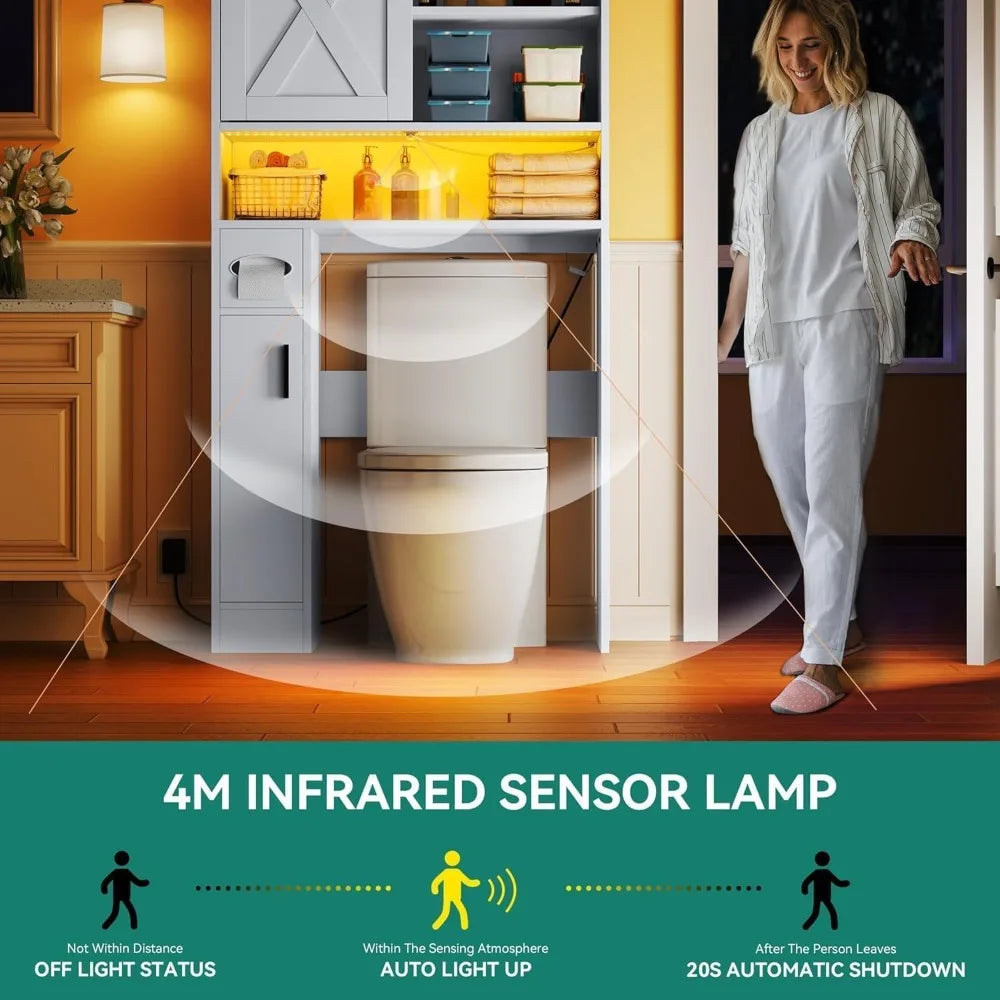 Motion Sensor Bathroom Cabinet with Sliding Barn Door, Adjustable Shelf & Toilet Paper Holder - Farmhouse Style