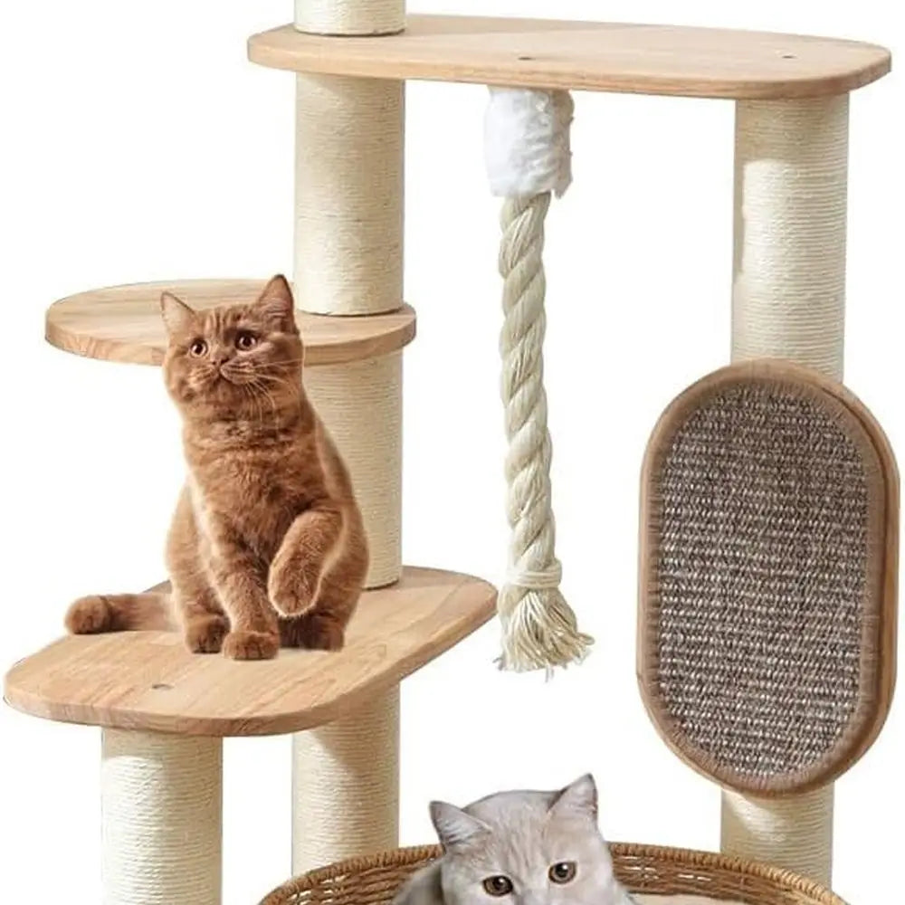 49.6 Tall Wooden Cat Tower with Multi-Level Condo, Scratching Post, and Hand-Woven Bed for Large Indoor Cats