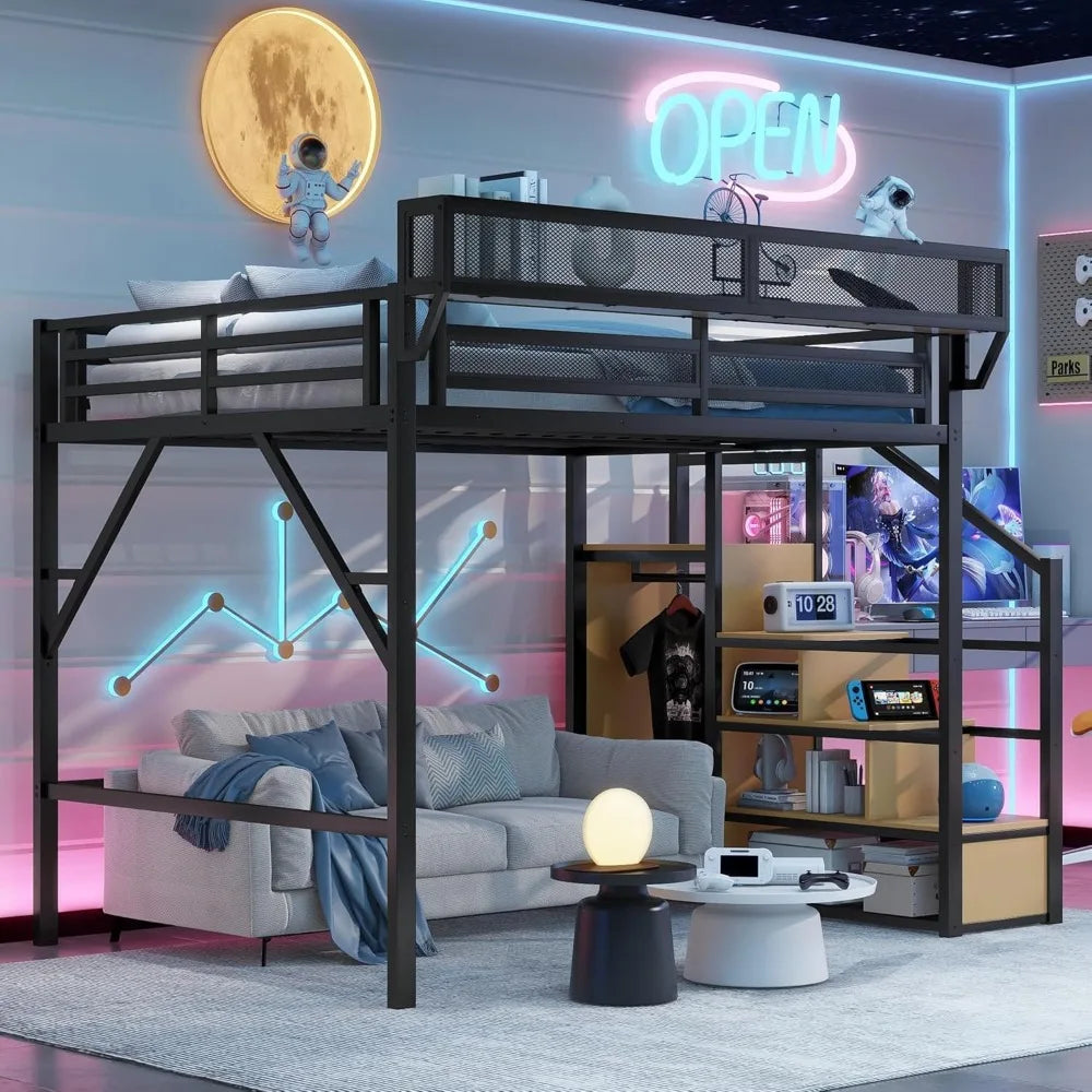 Queen Size Loft Bed with Stairs and Storage, Metal Loft Bed Frame with Bedside Shelf and Large Under-Bed Space, Heavy-Duty Beds