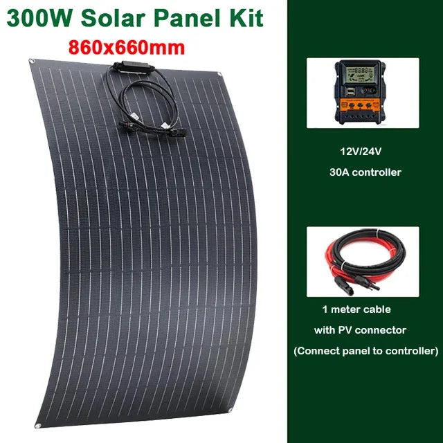 ETFE 300W Solar Panel 18V Semi-flexible Monocrystalline Solar Cell DIY Cable Outdoor Car RV Waterproof Rechargeable Power System