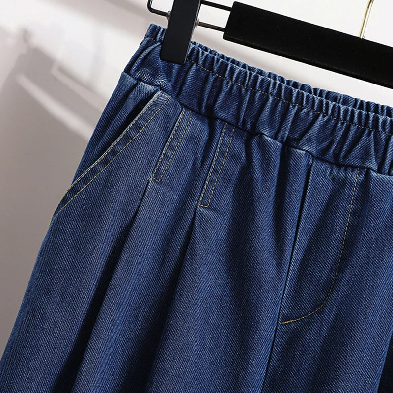 New 2024 Autumn Plus Size Jeans For Women High Elastic Waist Loose Blue Black Color Jeans Trousers Korean Fashion Casual Pants