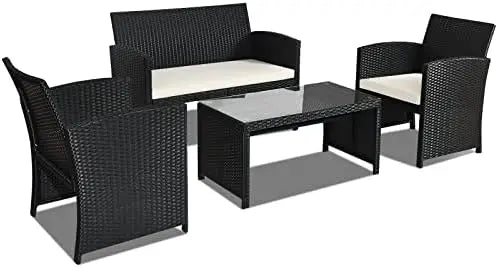 4-Piece Rattan Patio Furniture Set, Outdoor Wicker Sofa with Cushions & Glass Table