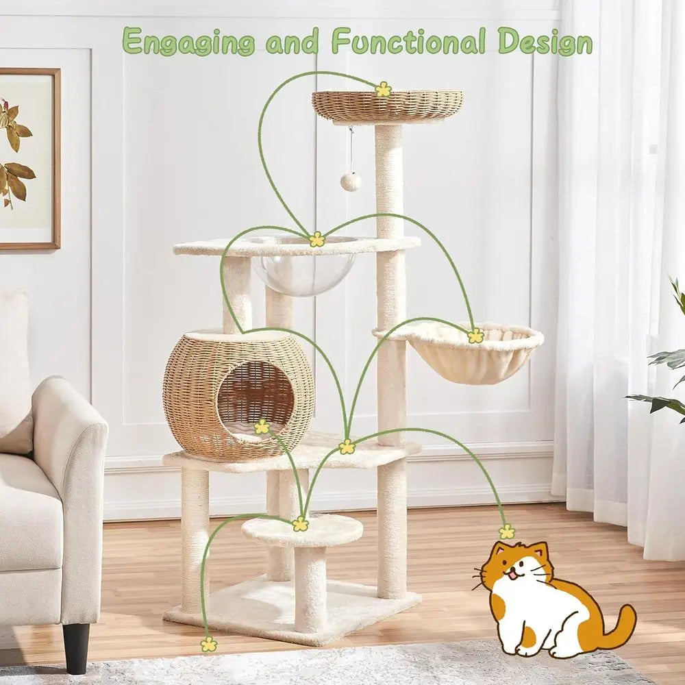 Contemporary Rattan Cat Tower with Woven Condo, Scratching Posts, Washable Cushions - Cool in Summer, Stylish Indoor Cat Furnitu