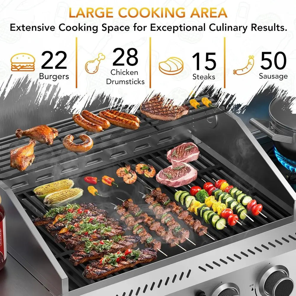Pro BBQ Grill, Heavy-Duty Stainless Steel Gas Grill, 4 Burner Gas Grill with Side Burner, 42000 BTU Propane Grill for Outdoor Co