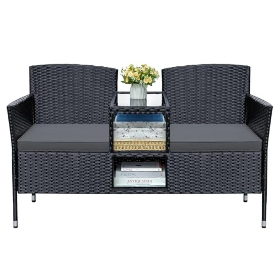 Greesum Patio Loveseat Outdoor Wicker Furniture Conversation Set with Soft Cushions and Built-in Coffee Table for Lawn Garden B