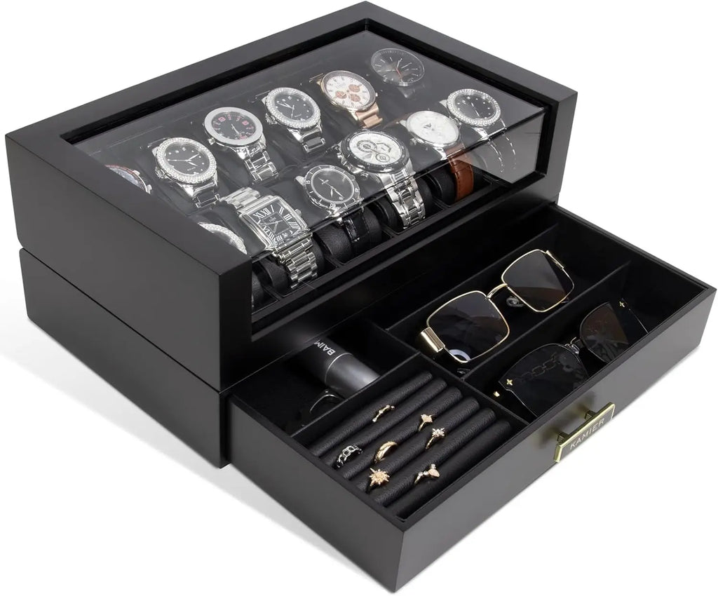 12-Slot Wooden Watch Case with Glass Lid and Drawer, Ideal Gift for Men and Women