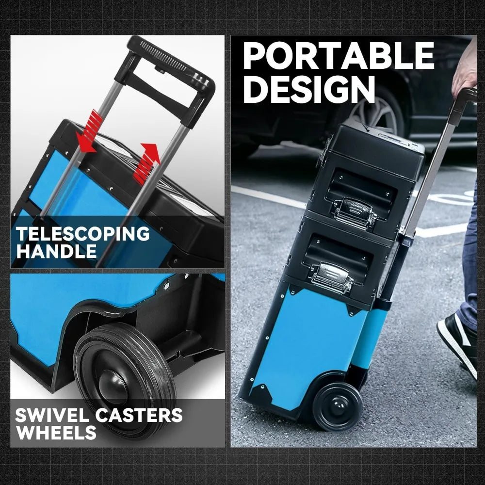 Portable 3-Tier Rolling Tool Box, 19.5 Inch Stackable Storage with Wheels, Heavy Duty Steel and Plastic Construction for Worksho