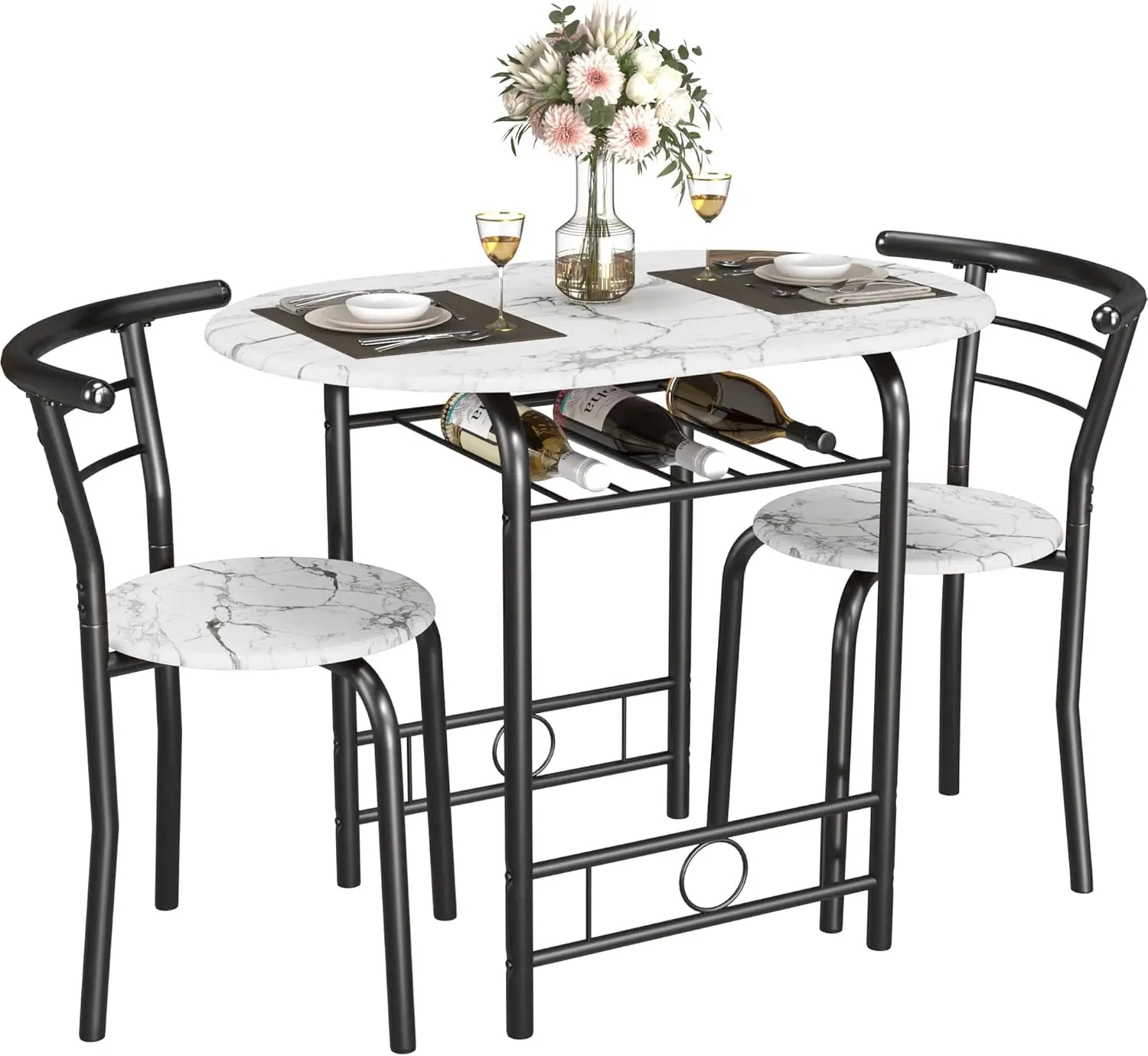 Wooden Round Table & Chair Set, Space Saving Kitchen Breakfast Nook Wood Grain Tabletop with Metal Frame