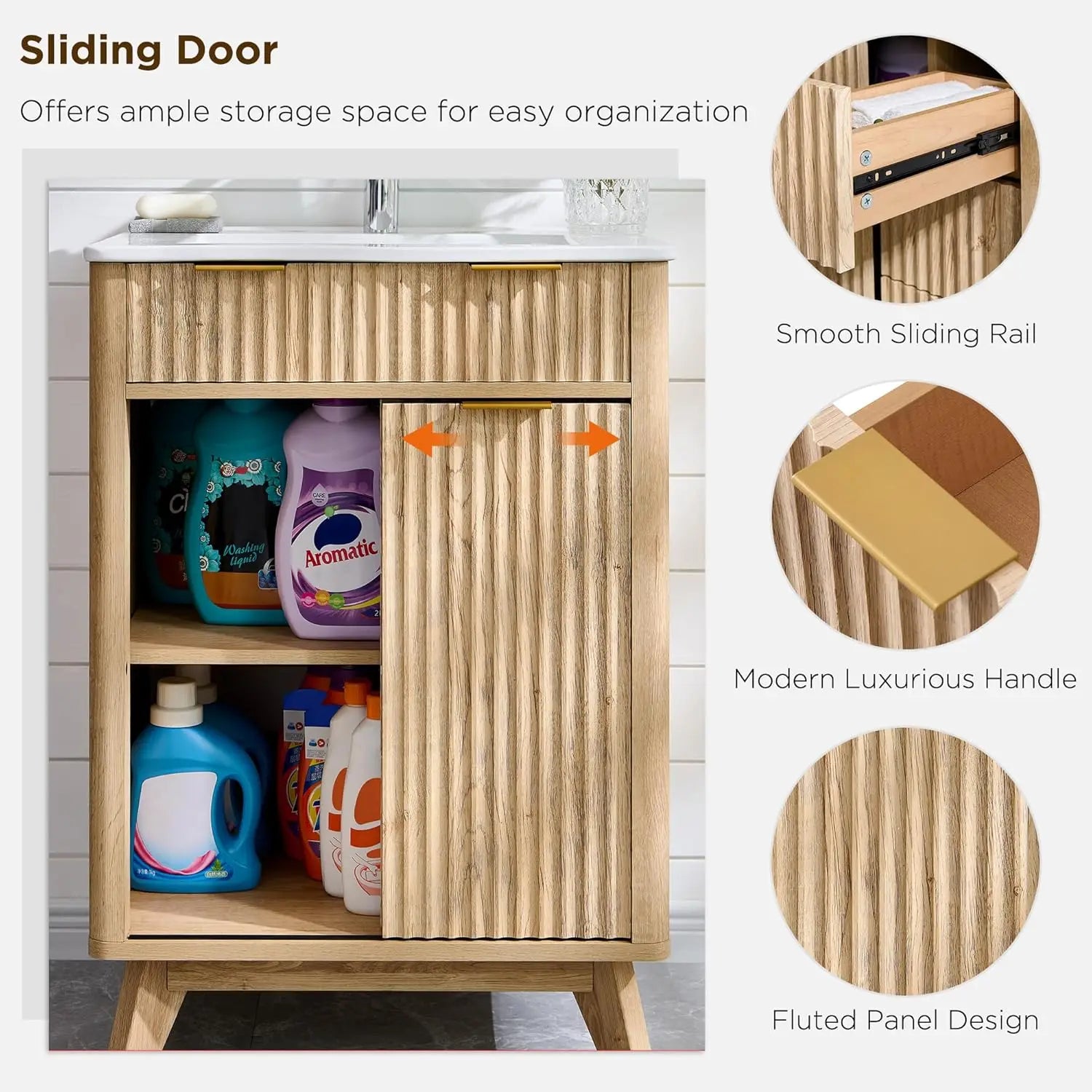 24" Fluted Bathroom Vanity with Ceramic Sink Combo，Freestanding Small Modern Bathroom Storage Vanity Cabinet with Sliding Door
