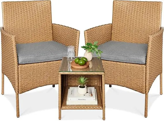 3-Piece Outdoor Wicker Conversation Bistro Set, Space Saving Patio Furniture for Garden w/Side Table - Gray/Navy