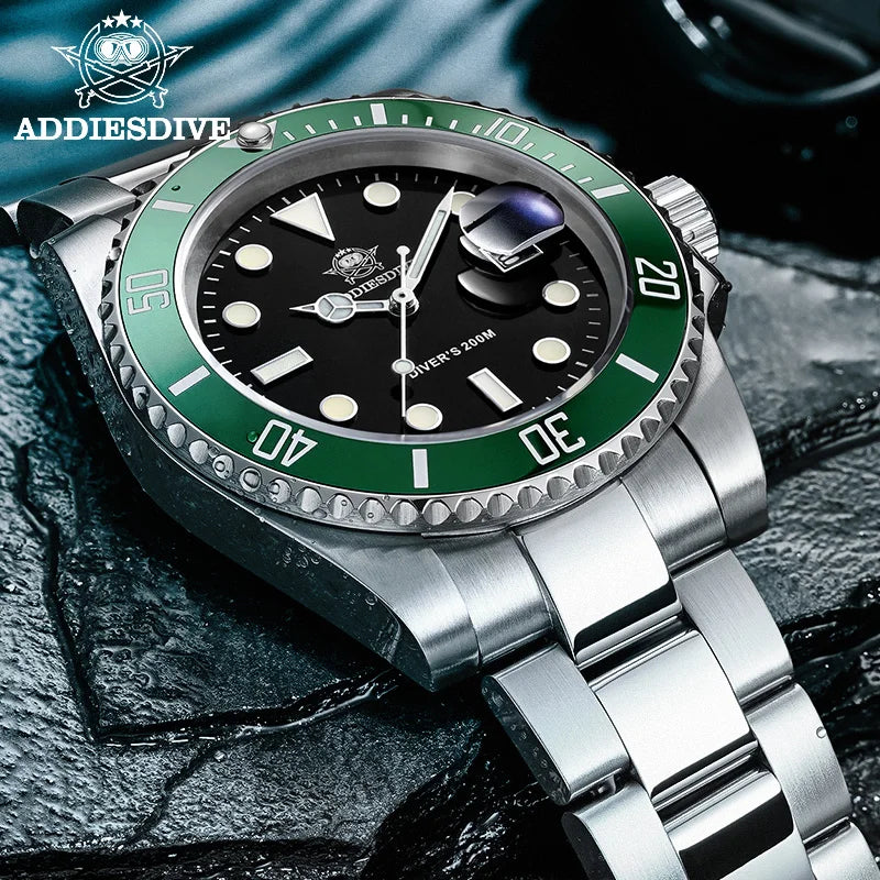 ADDIESDIVE 41mm Men's Analog Watch BGW9 Luminous Unidirectional Ceramic Bezel 200m Diver's Watch Men's Quartz Steel Watch MY-H3