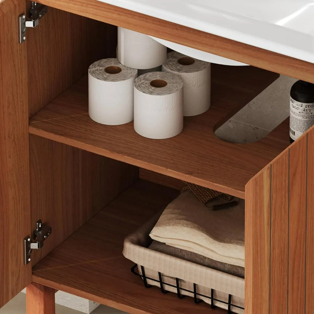 Bathroom Vanity with Sink and Wooden Organizer featuring Adjustable Shelves and Soft-Close Doors