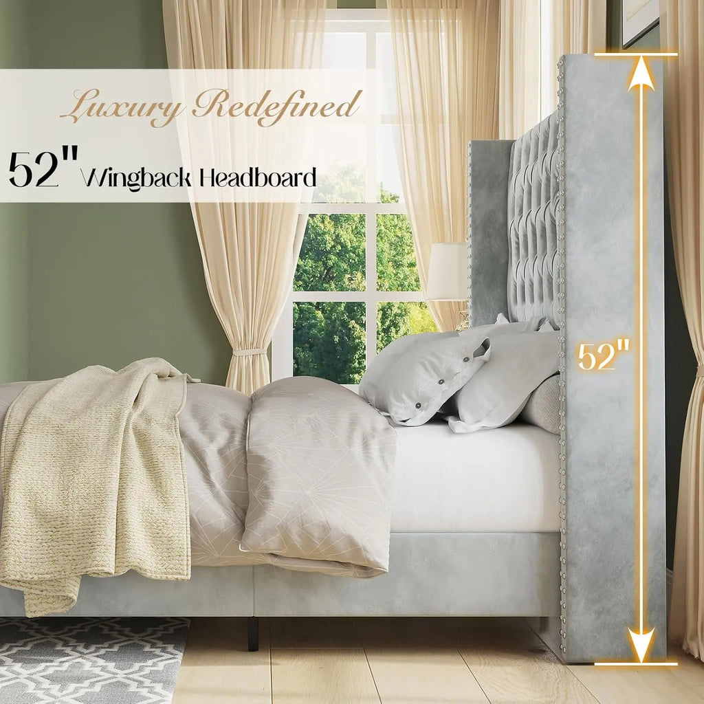 Queen Size Platform Bed Frame Velvet Upholstered Bed with Nailhead Trim Wingback Headboard 51.6" Tall,Button Tufted, Light Grey