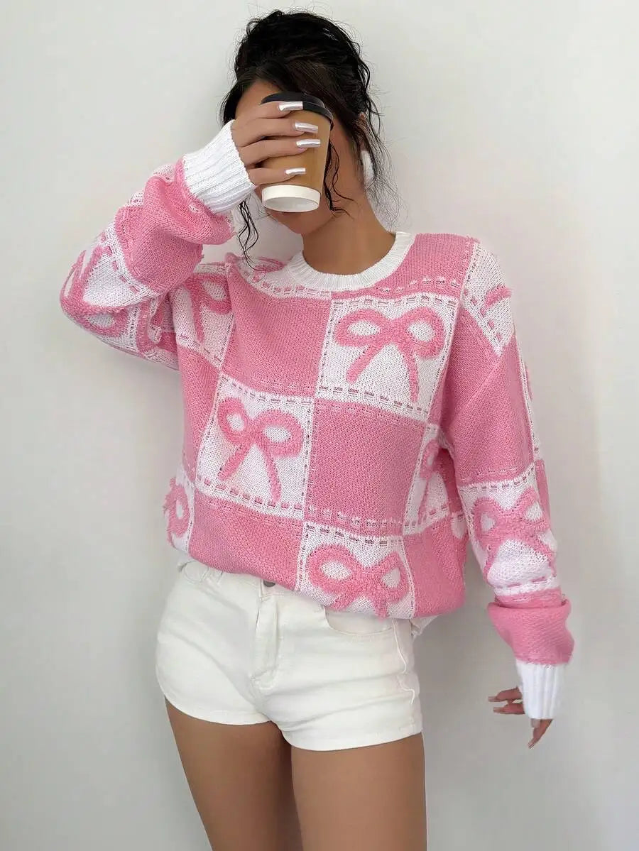 Pink & White Checkered 3D Bow Knit Pullover Sweater, Round Neck, Fall Winter Casual Style
