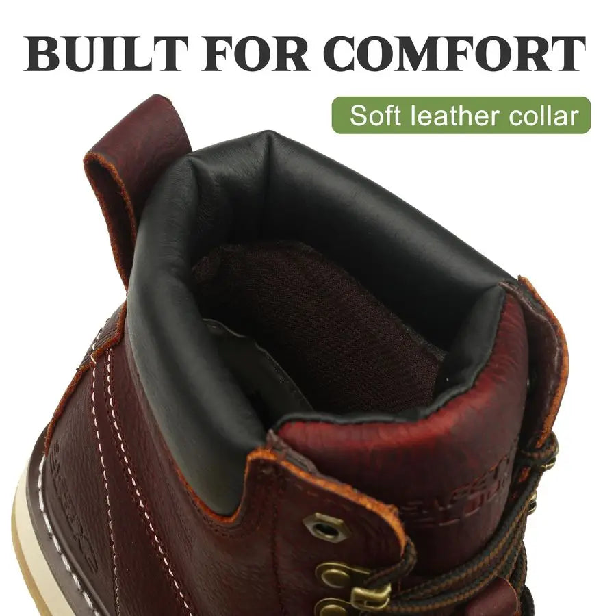Toe Work Boots for Men Waterproof Soft Steel Toe Comfortable Full Grain Leather Non Slip Wedge Outsole Construction 6 Workboots