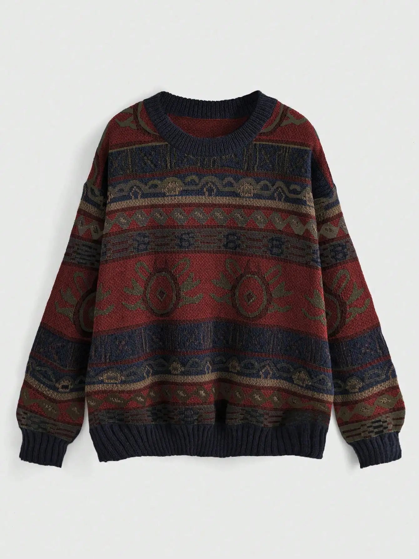 Boho Geo Pattern Drop Shoulder Knit Sweater for Women, Long Sleeve Fall Winter Top
