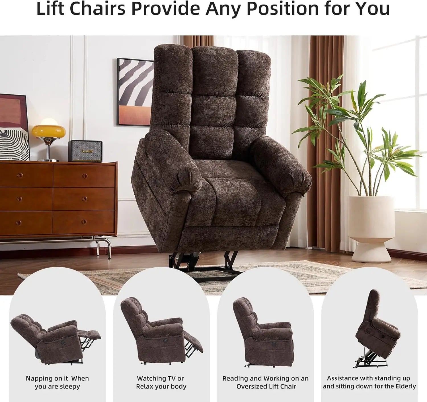 Oversized Lift Recliner Chair with Massage & Heat, 26' Wide, Chenille Electric Recliner with USB Port, Coffee