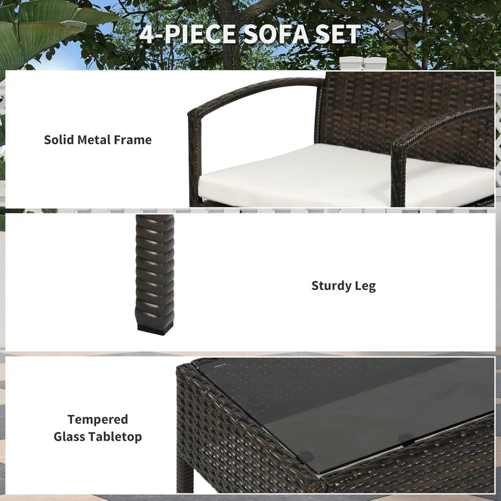 4 Piece Indoor Outdoor PE Wicker Conversation Set with Chairs, Loveseat Sofa, Cushions, Glass Table for Backyard, Sunroom, Pool,