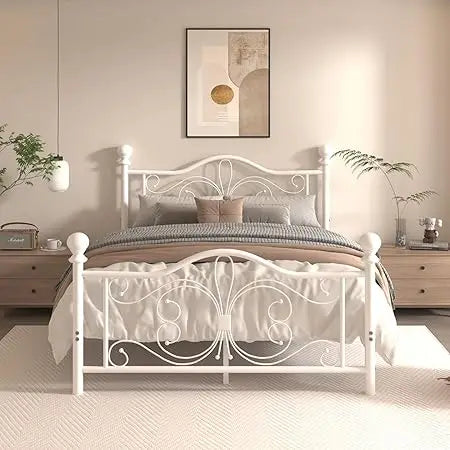 Full Size Bed Frame，Metal Platform Bed Frame with Headboard, Butterfly Pattern Design Headboard & Footboard, Strong Metal Slat S