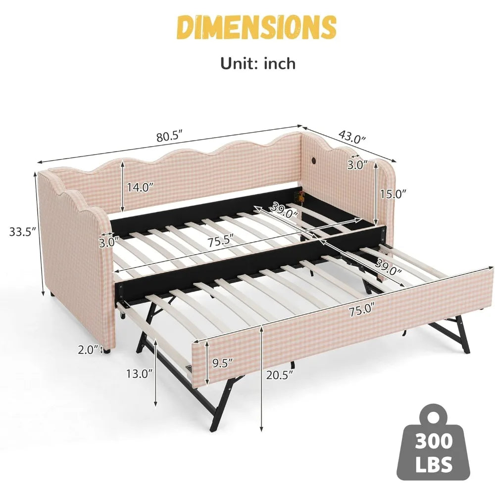 DEINPPA Twin Size Upholstered Daybed with Trundle, Gingham Daybed with USB Ports for Bedroom Living Room Guest Room-Pink
