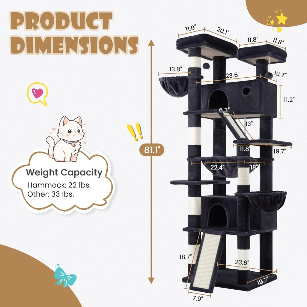 81in Multi-Level Tall Cat Tree Tower for Indoor Kitties with Hammock, Scratching Posts, and Wide Base in Dark Grey