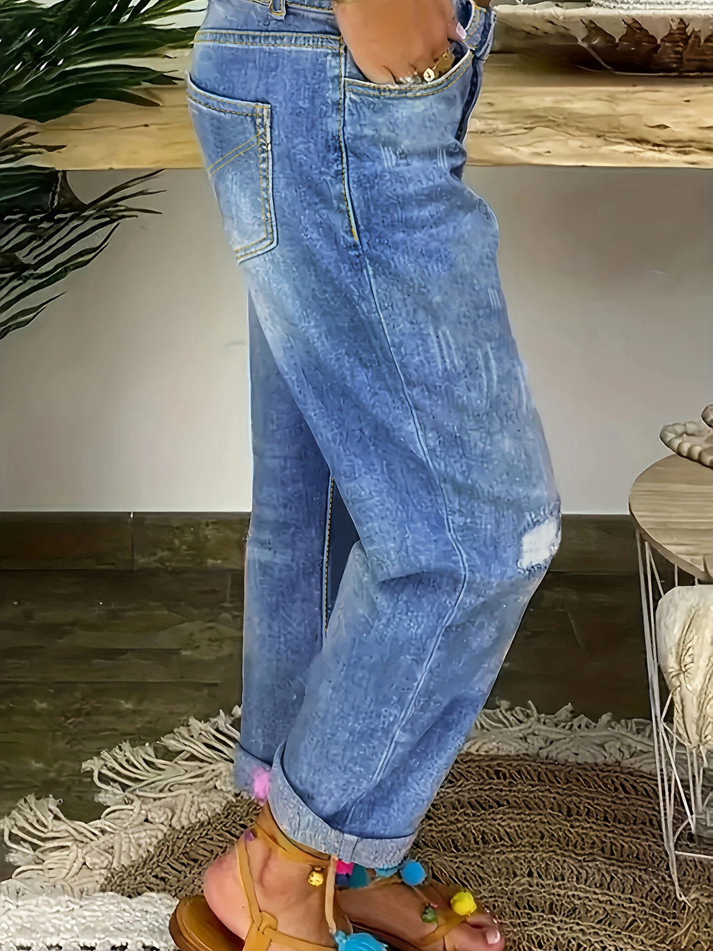 Plus-size women's high-waisted stretch jeans with multiple buttons, distressed jeans, street style