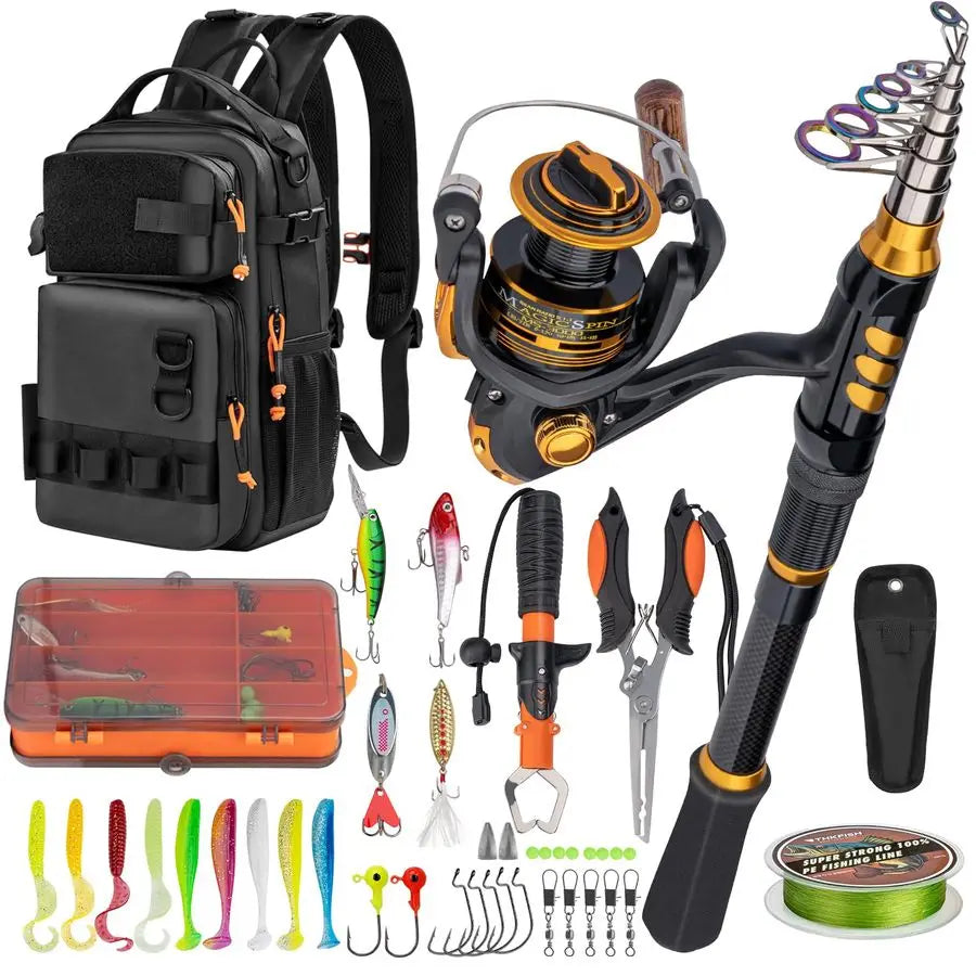 Fishing Rod and Reel Combo with Backpack, Telescoping Fishing Pole Spinning Reel Kit with Fishing Lures, Pliers and Fish Lip Gri