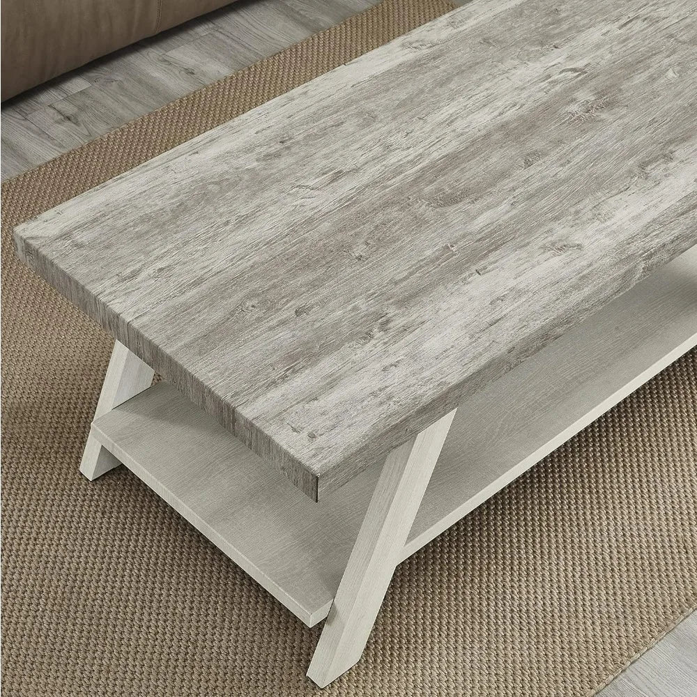 Contemporary 3-Piece Weathered Gray and Beige Wood Shelf Coffee Table Set