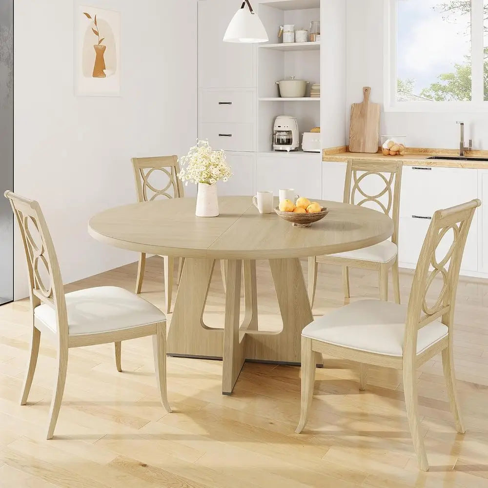 Farmhouse Style Dining Table Set for 4-6, Wooden Top Circle Table, Pedestal Base, Dining Room Furniture - Burlywood Finish