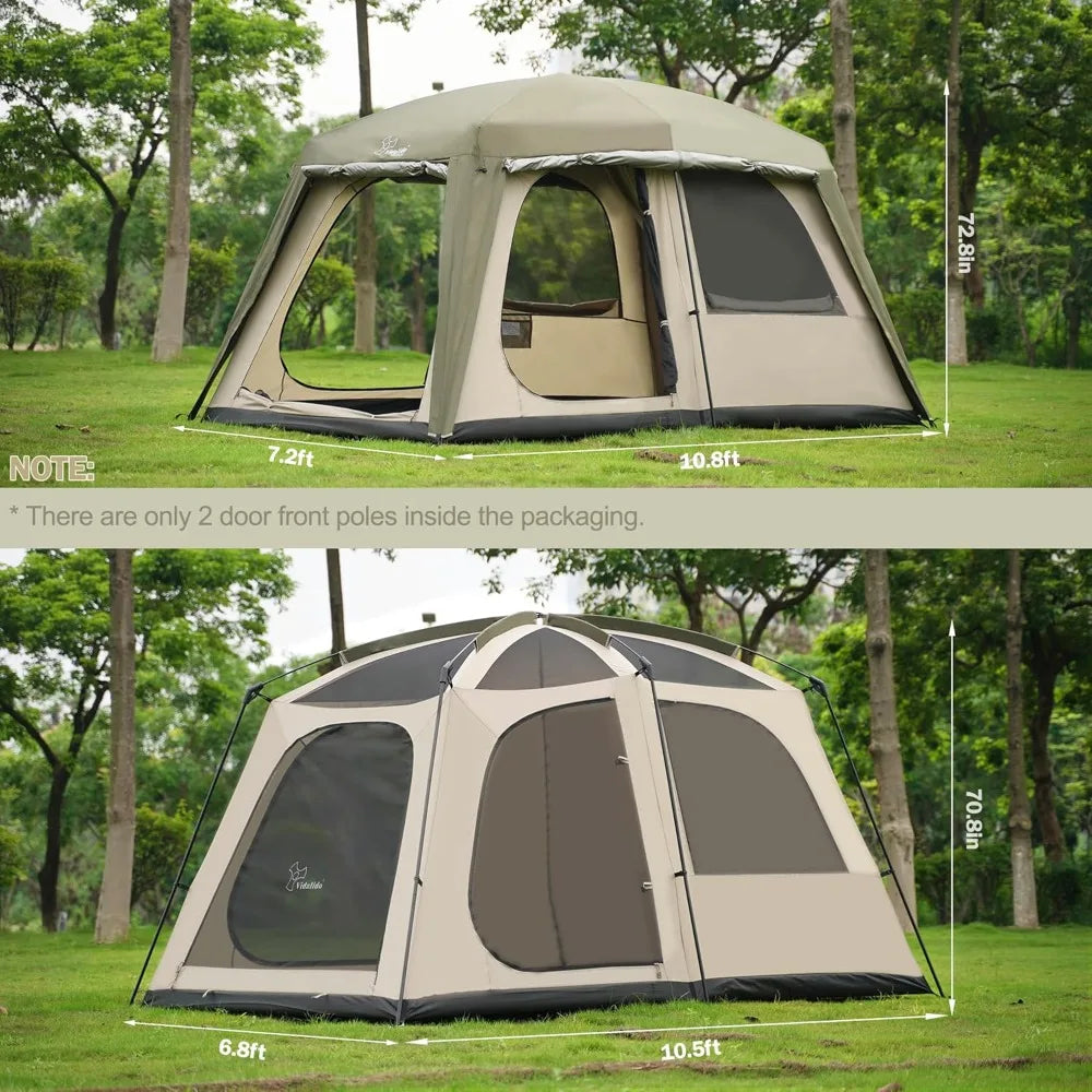 Large Family Cabin Tent for 4-6 People: Waterproof Double Layer Portable Glamping Tent with 3 Doors and 2 Rooms